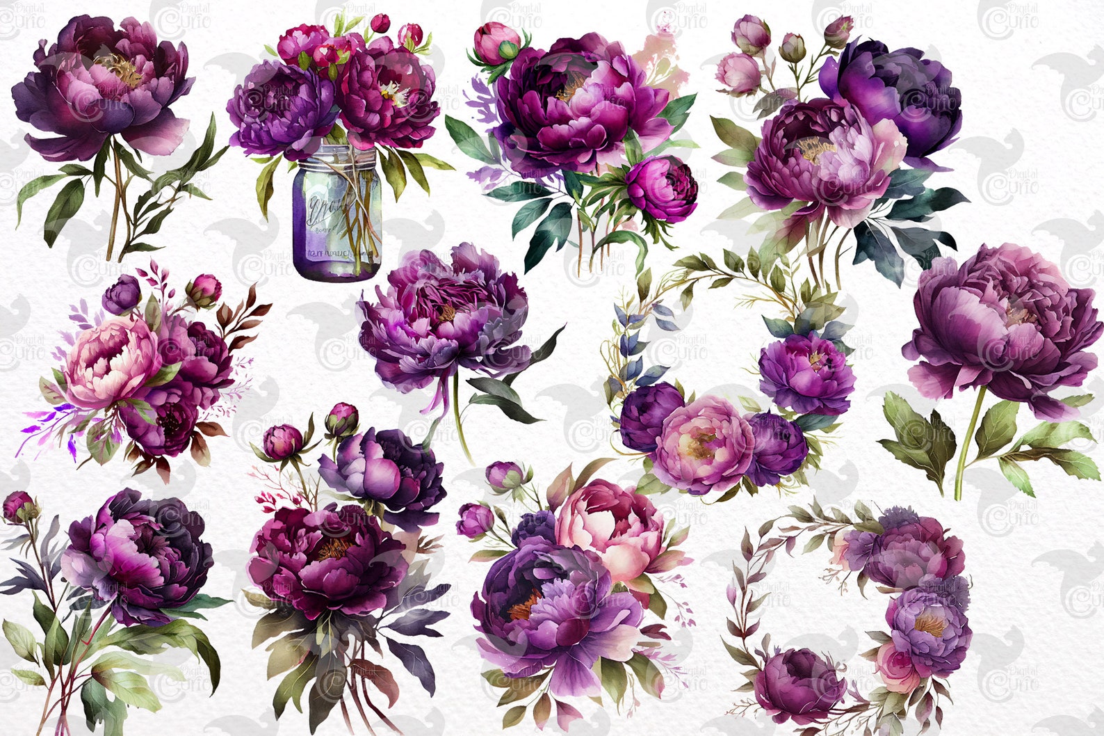 Watercolor Purple Peony Clipart - Peonies in PNG Format Instant ...