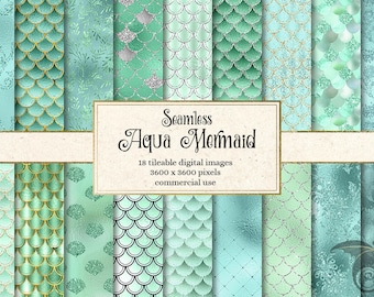 Aqua Mermaid Scales Digital Paper, Seamless Glitter Textures (Digital Download)