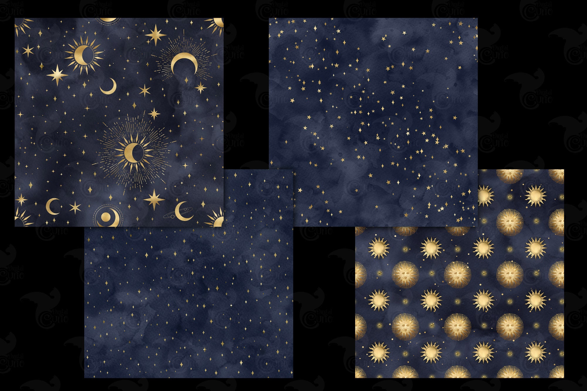 Celestial Starry Night Digital Paper – Navy Blue & Gold (seamless ...