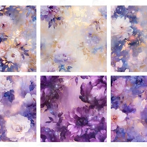 Fantasy Purple Floral Digital Paper, seamless flower printable oil paint textures printable scrapbook paper image 3