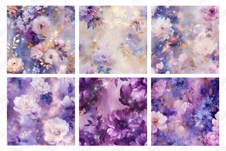 Fantasy Purple Floral Digital Paper, seamless flower printable oil paint textures printable scrapbook paper imagem 3