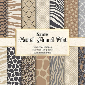 Papel digital neutro com estampa animal, padrões de pele de animal sem costura com listras de tigre e manchas de chita, download instantâneo para uso comercial