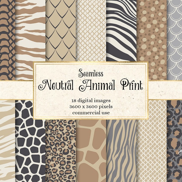 Neutral Animal Print Digital Paper, seamless animal skin patterns with tiger stripes and cheetah spots instant download for commercial use