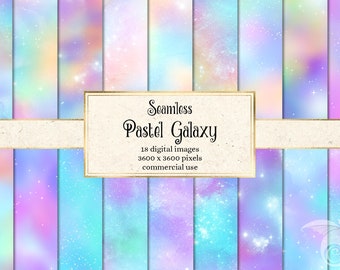 Pastel Galaxy Digital Paper, fondos de noche estrellada de arco iris sin costura texturas de papel de álbum de recortes de nebulosa de cielo nocturno imprimible