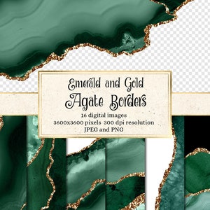 Emerald Green and Gold Agate Borders, digital geode PNG overlays with gold glitter for commercial use in wedding invitation design 01egd