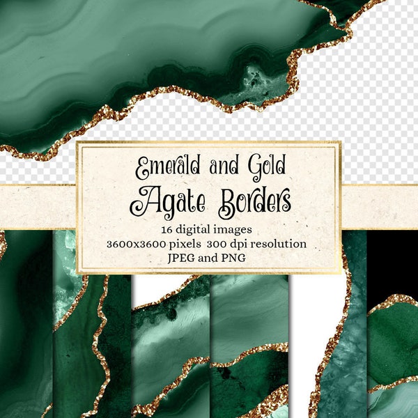 Emerald Green and Gold Agate Borders, digital geode PNG overlays with gold glitter for commercial use in wedding invitation design 01egd