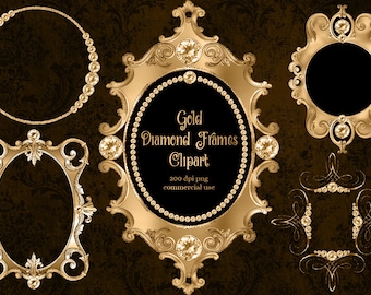 Gold Diamond Frames Clipart, Antique Wedding PNG (Digital Download)