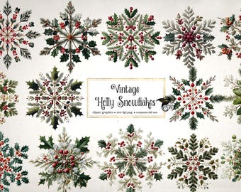 Clipart z płatkami śniegu w stylu vintage, grafika świąteczna w formacie PNG (pobieranie cyfrowe)