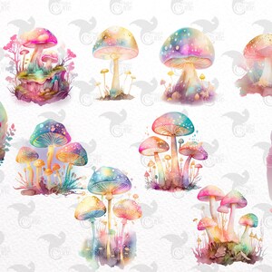 Puede incluir: Un conjunto de diez ilustraciones de acuarela de setas coloridas con varios tonos de rosa, azul y amarillo. Las setas se representan con un estilo caprichoso y m&aacute;gico, perfecto para a&ntilde;adir un toque de fantas&iacute;a a cualquier proyecto.