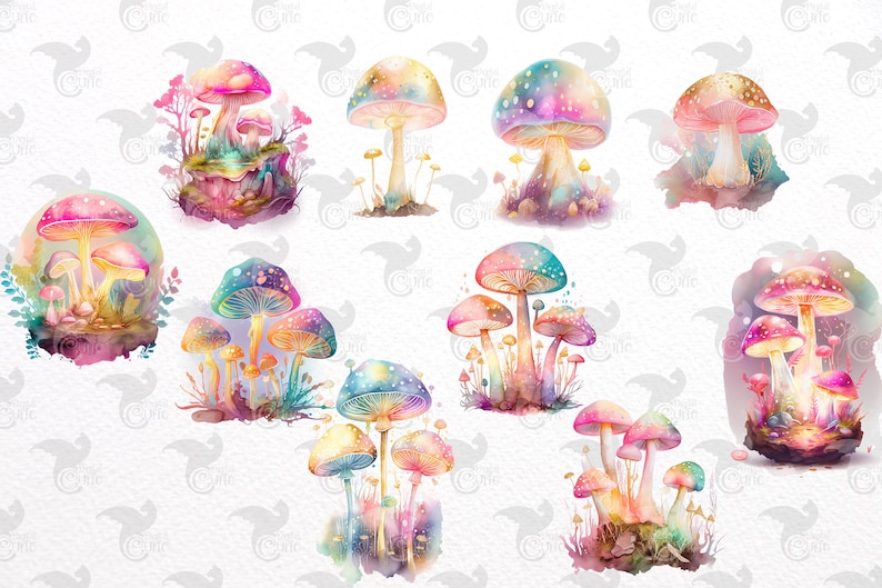 Puede incluir: Un conjunto de diez ilustraciones de acuarela de setas coloridas con varios tonos de rosa, azul y amarillo. Las setas se representan con un estilo caprichoso y m&aacute;gico, perfecto para a&ntilde;adir un toque de fantas&iacute;a a cualquier proyecto.