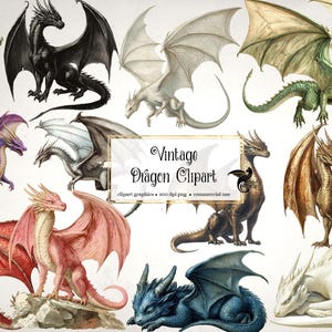 Pode incluir: Uma coleção de ilustrações de clipart de dragões vintage em várias cores, incluindo preto, branco, vermelho, roxo e verde. A imagem inclui o texto "Vintage Dragon Clipart" com detalhes sobre os gráficos.