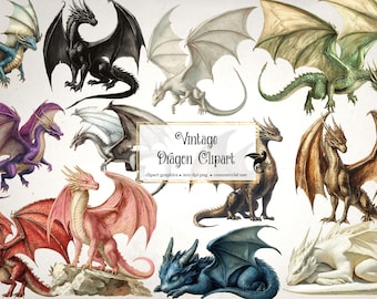 Clipart di draghi d'epoca - Grafica digitale fantasy antica (download immediato)