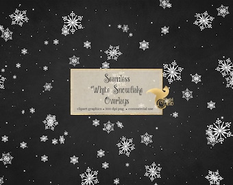 Seamless Snowflake Pattern Overlays, White Snowflakes PNG (Digital Download)