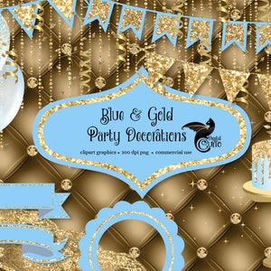 Könnte beinhalten: Blaue und goldene Partydekorationen Clipart-Grafiken. Das Set enthält ein Banner, Ballons, eine Torte, ein Band und einen Rahmen. Der Hintergrund ist ein braunes gestepptes Muster mit goldenen Glitzerakzenten.