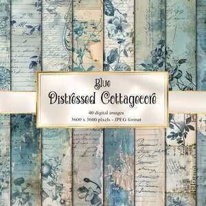 Texturas Cottagecore azuis angustiadas, download instantâneo de papel de álbum de recortes vintage, texturas de papel velhas e surradas, fundos para impressão de decoupage