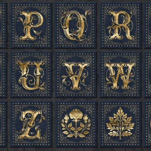 Clipart dell'alfabeto dorato blu, grafica monogramma antico (download digitale) immagine 2