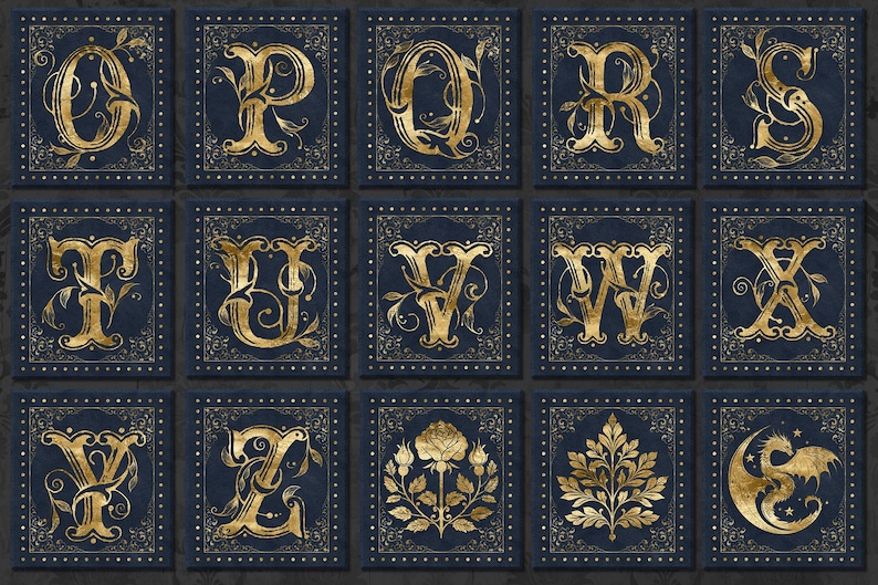 Clipart dell'alfabeto dorato blu, grafica monogramma antico (download digitale) immagine 2