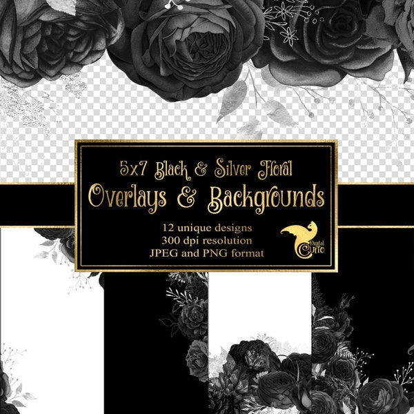 5x7 Black and Silver Floral Overlays for invitations, planners, journal pages, vintage flower clipart, wedding frames clip art