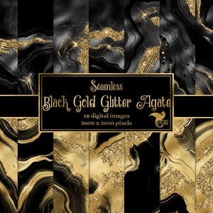 Zwart goud glitter Agaat digitaal papier, geode folie en goud glitter naadloze achtergronden