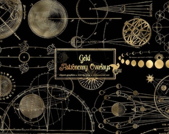 May include: Gold overlays of celestial bodies, including planets, moons, and stars, with intricate geometric designs and text. The overlays are perfect for adding a vintage, celestial, or astrological touch to your designs.
