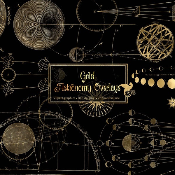 Gold Astronomy Overlays, digital png clipart overlays, vintage star charts, antique science graphics commercial use