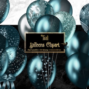 Teal Balloons Clipart - digital clip art graphics for party invitations and commercial use designs