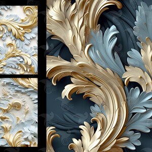 Texturas Rococo Papel digital rococó en relieve azul y dorado, fondos angustiados de ...