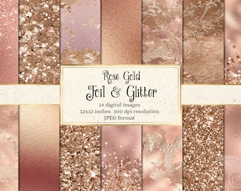 Rose Gold and Glitter Textures, digital rose gold foil  shimmer printable wedding backgrounds, digital glam gold metallic foil