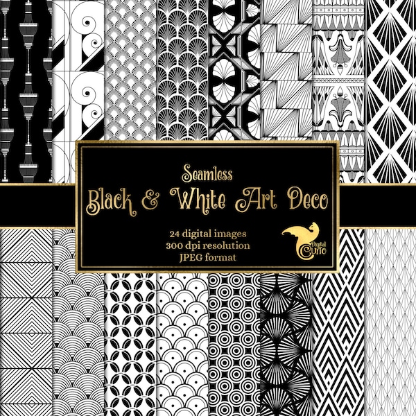 Black and White Art Deco Digital Paper, seamless deco patterns instant download for commercial use