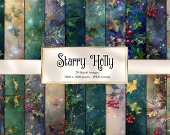 Starry Holly Digital Paper, celestial Christmas floral digital paper fantasy scrapbook pages printable paper instant download