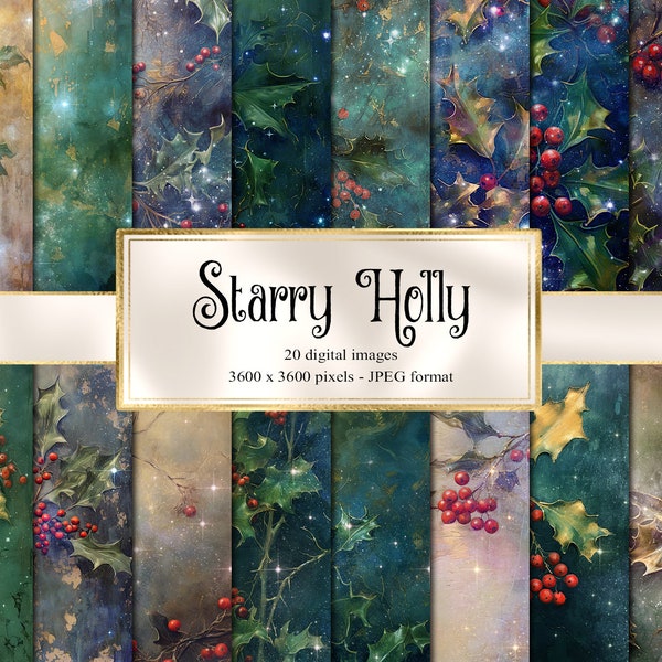 Starry Holly Digital Paper, celestial Christmas floral digital paper fantasy scrapbook pages printable paper instant download