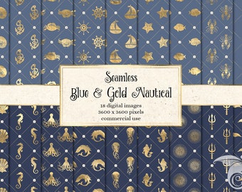 Blue and Gold Nautical Digital Paper, Seamless Ocean Patterns (Digital Download)