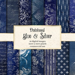Distressed Blue and Silver digital paper, grunge backgrounds with silver foil and glitter printable scrapbook paper