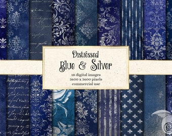 Distressed Blue and Silver Foil Digital Paper (Digital Download)