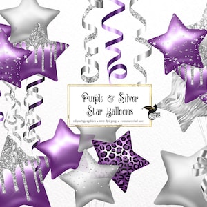 Lila und Silber Stern Ballons Clipart, Glitzer Ballon png digitale Überlagerungen mit Konfetti für Geburtstage sofortiger Download kommerzielle Nutzung