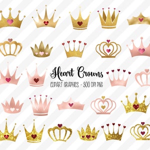Heart Crown clipart, rose gold foil and gold glitter Valentine crown clip art graphics, heart jewel tiara, princess tiara, princess crowns