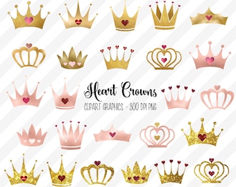 Heart Crown clipart, rose gold foil and gold glitter Valentine crown clip art graphics, heart jewel tiara, princess tiara, princess crowns