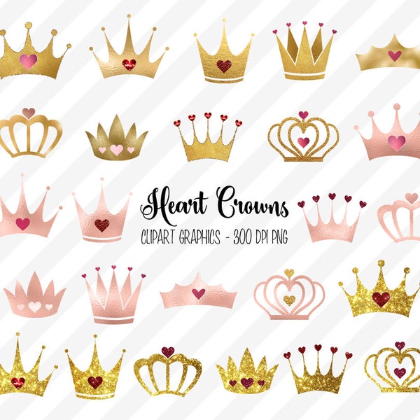 Heart Crown clipart, rose gold foil and gold glitter Valentine crown clip art graphics, heart jewel tiara, princess tiara, princess crowns