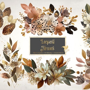May include: Digital art featuring floral arrangements with a leopard print pattern. The bouquets include flowers and leaves in shades of brown, gold, and cream. The text "Leopard Flowers" is displayed on a dark gray background.