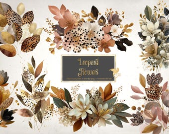 Leopard Floral Clipart, Gold Illustrations (PNG Digital Download)