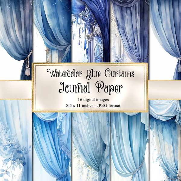 Watercolor Blue Curtains Journal Paper, printable digital paper, invitation backgrounds