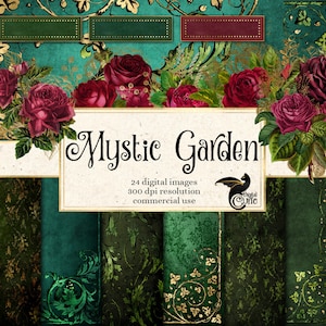 Mystic Garden Digital Scrapbooking Kit, mit Waldrahmen Vintage Grafiken Clipart und digitales Papier zum sofortigen Download kommerzielle Nutzung