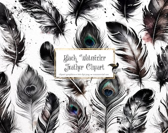 Black Watercolor Feathers Clipart, painted feather clipart illustrations, PNG graphics, scrapbook embellishments commercial use