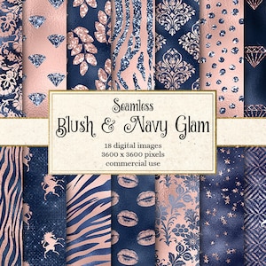 Blush und Navy Glam Digitales Papier, nahtlose marine blau und rosa Glitzer Hintergründe sofortiger Download kommerzielle Nutzung Tileable Muster
