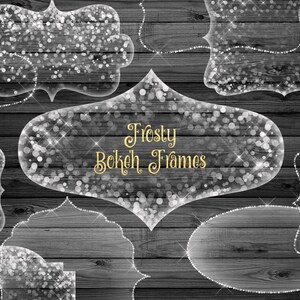 May include: A set of eight digital frames with a frosty bokeh effect. The frames are in various shapes, including circles, ovals, and rectangles. The frames are on a dark wood background. The text "Frosty Bokeh Frames" is in gold lettering.