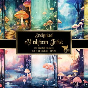 Papel de jornal da floresta de cogumelo encantado, páginas de diário de lixo de fantasia de fada de papel digital para impressão em papel A4 de 8,5 x 11 polegadas, download instantâneo