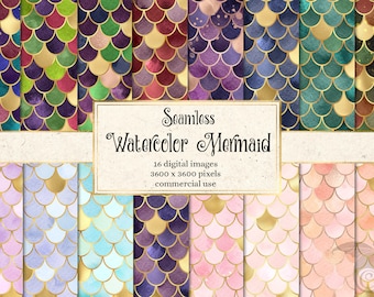 Watercolor Mermaid Scales Digital Paper, Gold Foil (Digital Download)