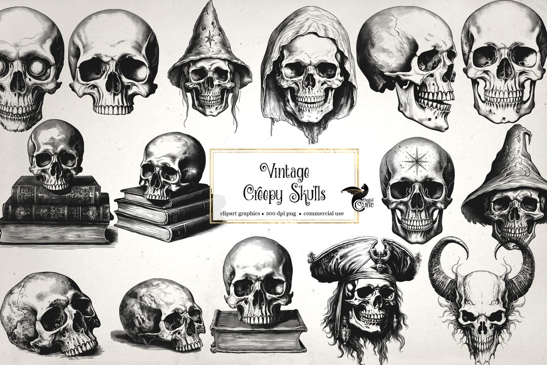 Vintage Creepy Skulls Clipart, Antique Halloween Clip Art Graphics
