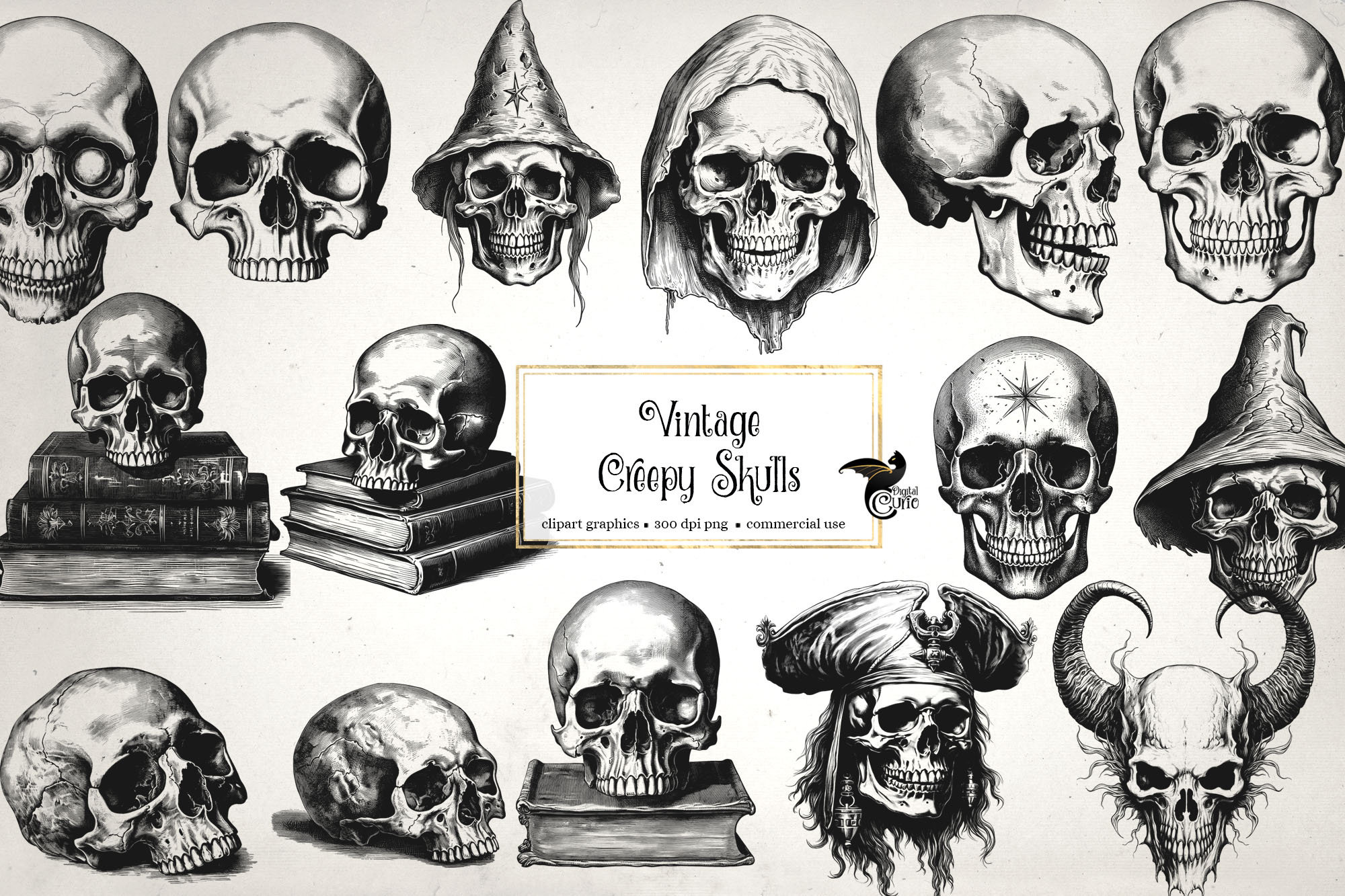 Vintage Creepy Skulls Clipart, Antique Halloween Clip Art Graphics