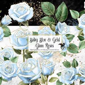 Baby Blue and Gold Glam Rose Clip Art, digital instant download flower png embellishments, gothic glitter roses